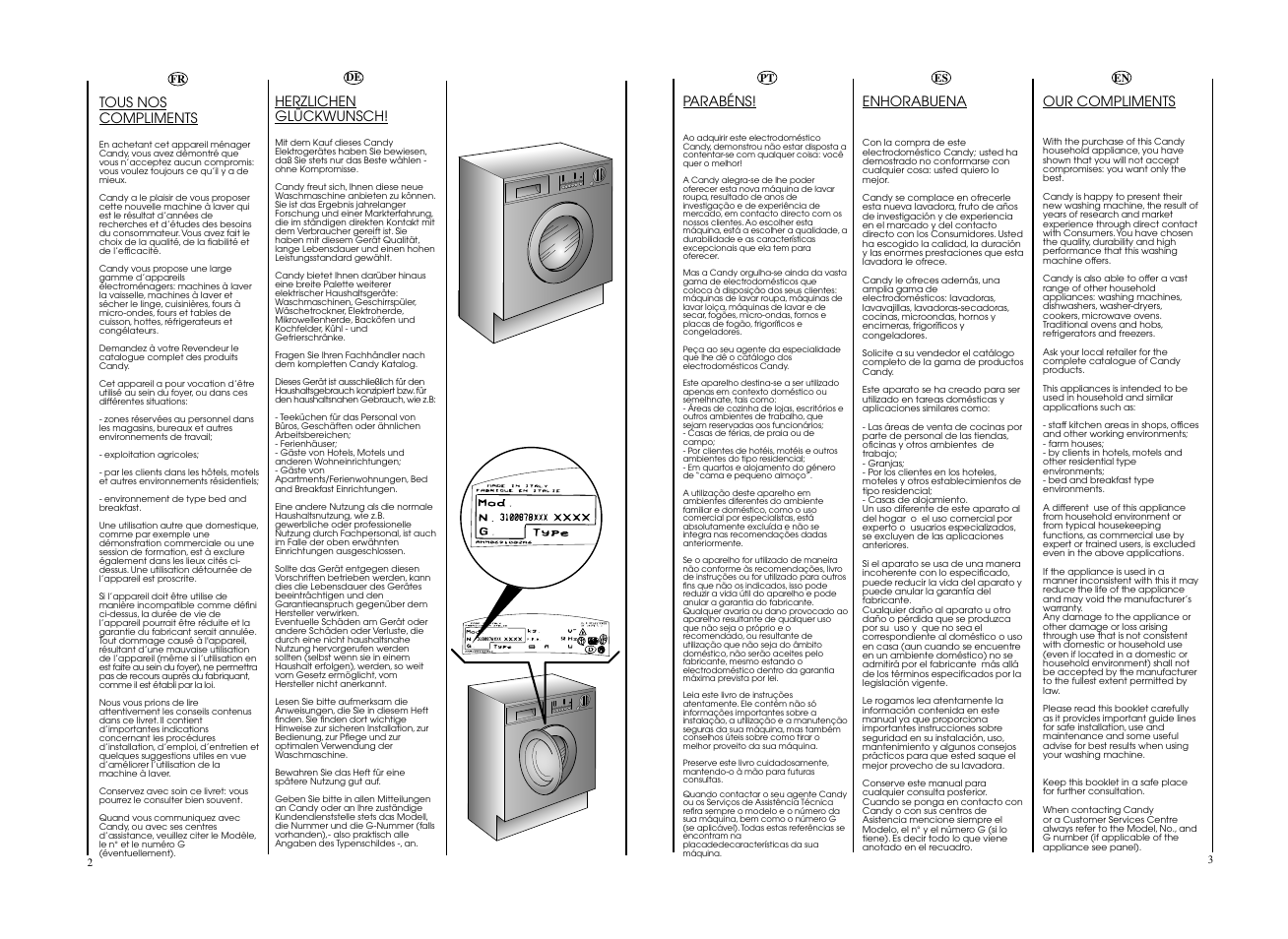 Tous nos compliments, Herzlichen glückwunsch, Enhorabuena | Our compliments, Parabéns | Candy CWB 1308__L-S User Manual | Page 2 / 41