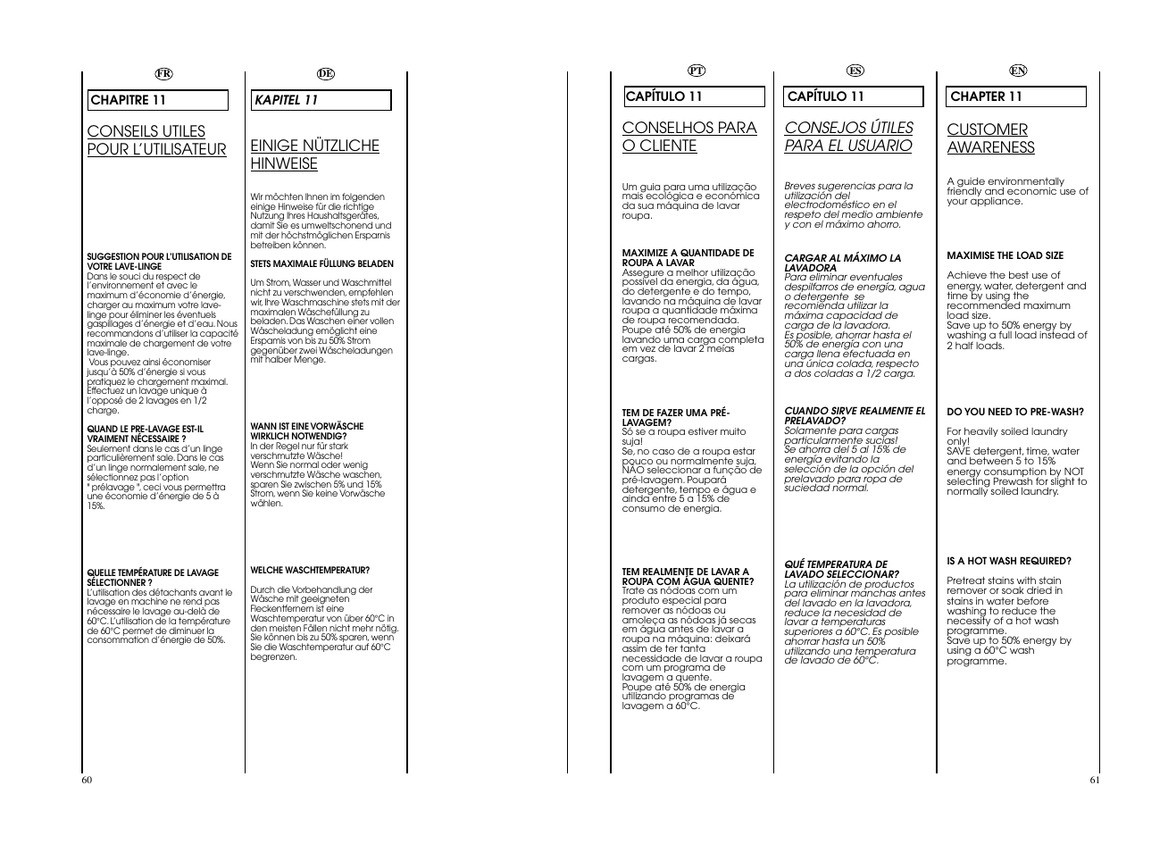 Customer awareness, Conseils utiles pour l’utilisateur, Consejos útiles para el usuario | Einige nützliche hinweise, Conselhos para o cliente | Candy CWB 1308__L-S User Manual | Page 31 / 41