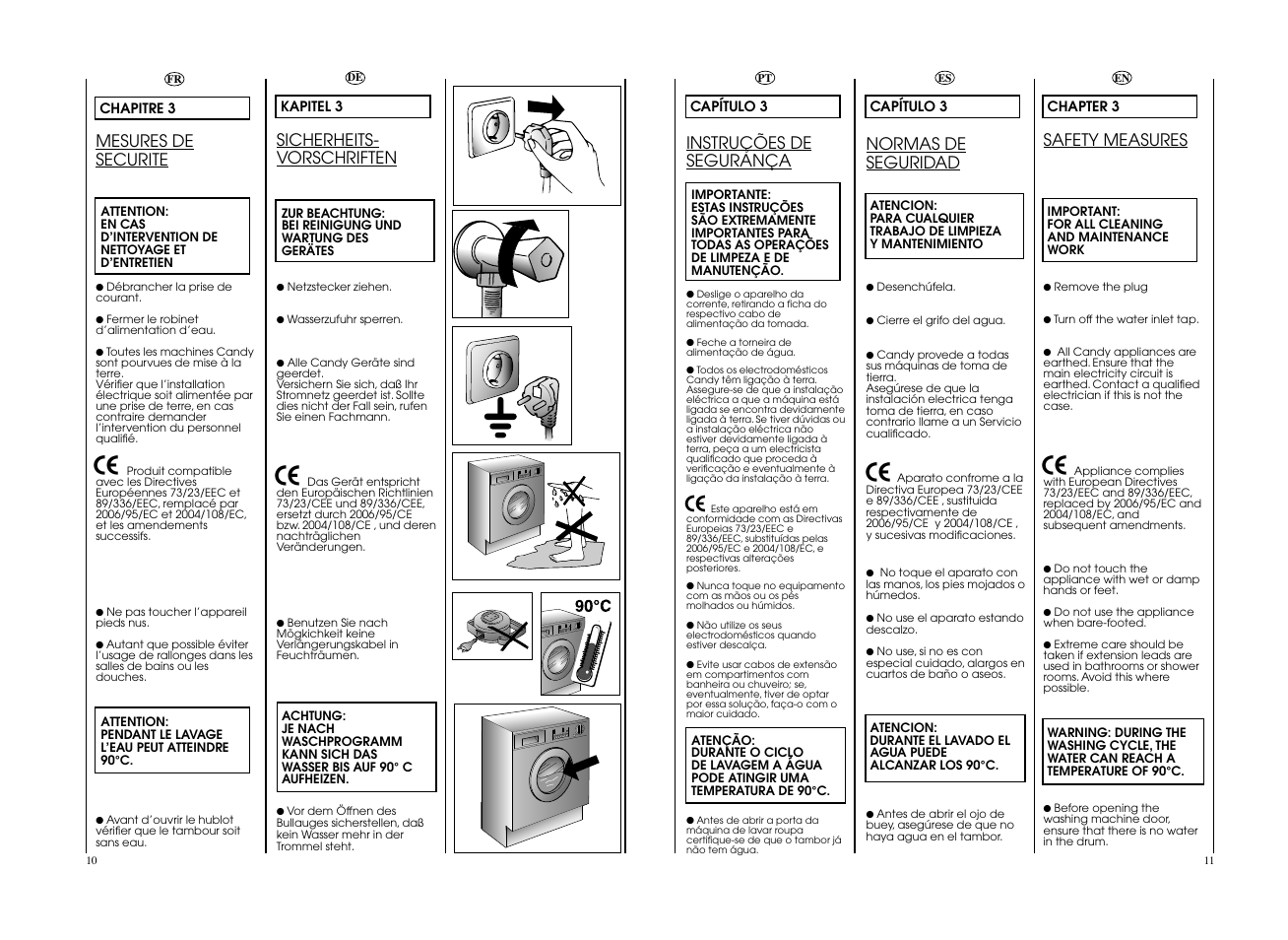 Mesures de securite, Sicherheits- vorschriften, Safety measures | Instruções de segurança, Normas de seguridad | Candy CWB 1308__L-S User Manual | Page 6 / 41