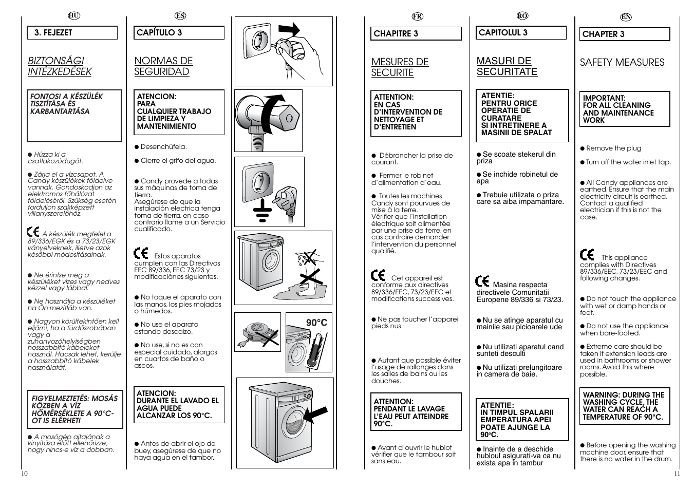 Mesures de securite, Normas de seguridad, Safety measures | Biztonsági intézkedések, Masuri de securitate | Candy CN 43 User Manual | Page 6 / 33