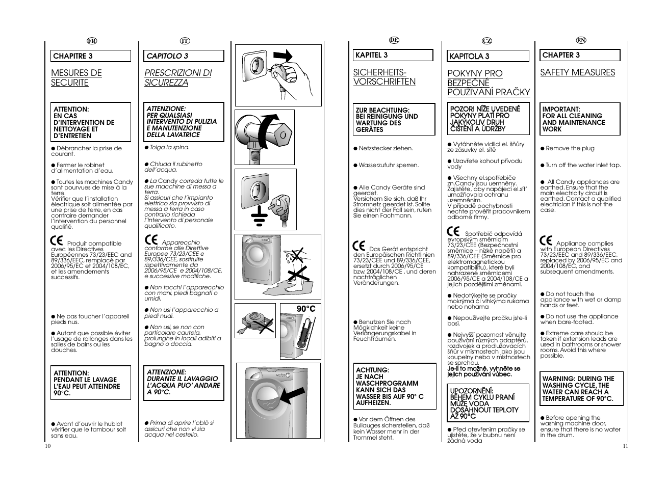 Prescrizioni di sicurezza, Mesures de securite, Sicherheits- vorschriften | Safety measures, Pokyny pro bezpeöné pouïívání praöky | Candy GO F147__L-S User Manual | Page 6 / 41