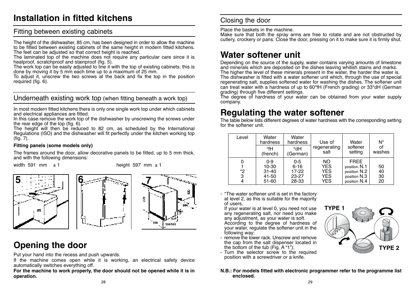 Regulating the water softener, Water softener unit, Installation in fitted kitchens | Opening the door | Candy DFI 95 T User Manual | Page 15 / 77