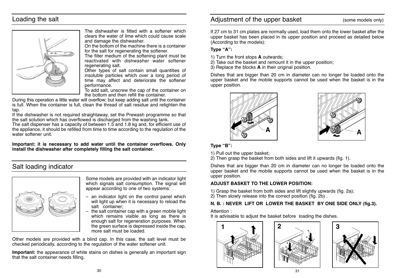 Adjustment of the upper basket, Loading the salt, Salt loading indicator | Candy DFI 95 T User Manual | Page 16 / 77