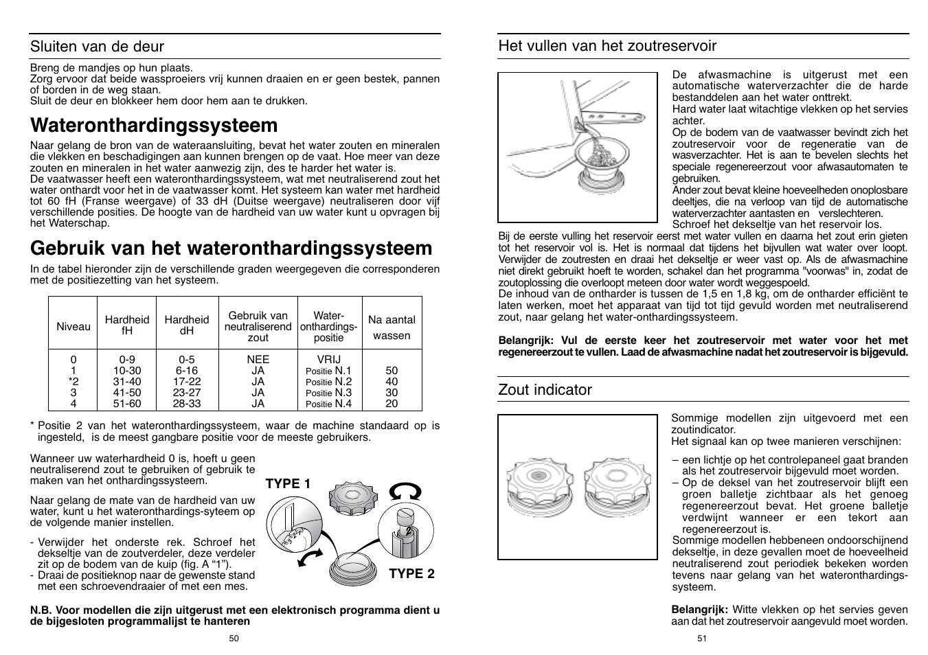 Gebruik van het wateronthardingssysteem, Wateronthardingssysteem, Het vullen van het zoutreservoir | Zout indicator, Sluiten van de deur | Candy DFI 95 T User Manual | Page 26 / 77