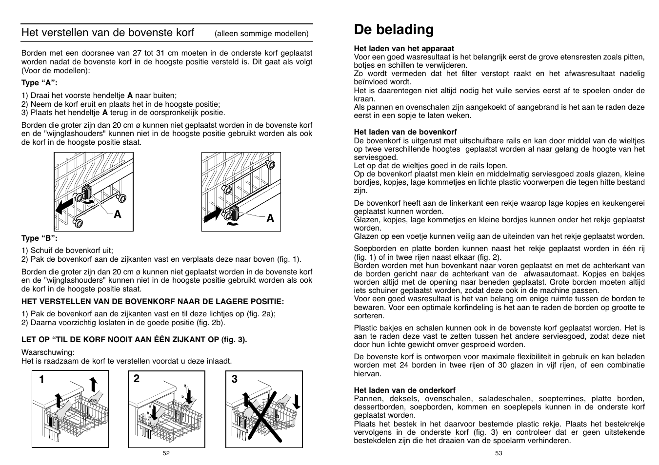 De belading, Het verstellen van de bovenste korf | Candy DFI 95 T User Manual | Page 27 / 77