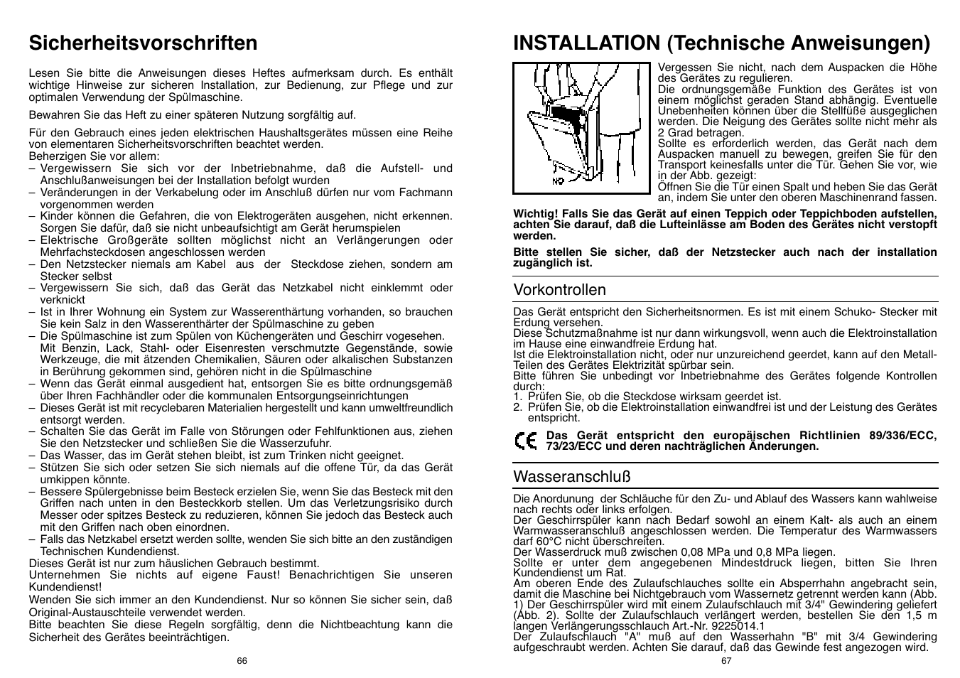 Installation (technische anweisungen), Sicherheitsvorschriften, Vorkontrollen | Wasseranschluß | Candy DFI 95 T User Manual | Page 34 / 77