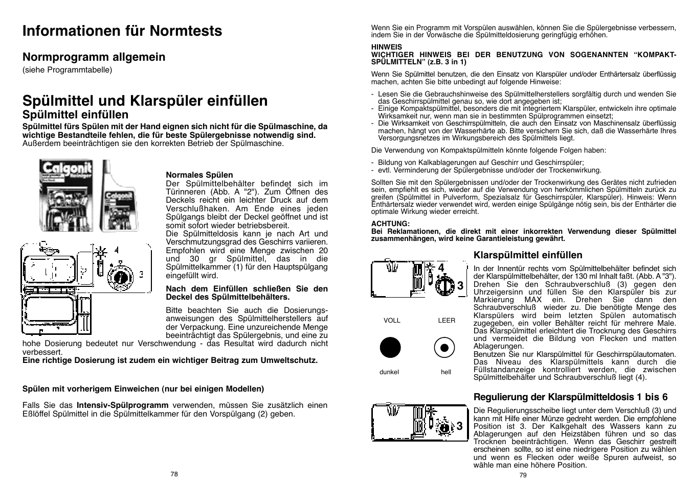 Informationen für normtests, Spülmittel und klarspüler einfüllen, Normprogramm allgemein | Spülmittel einfüllen | Candy DFI 95 T User Manual | Page 40 / 77