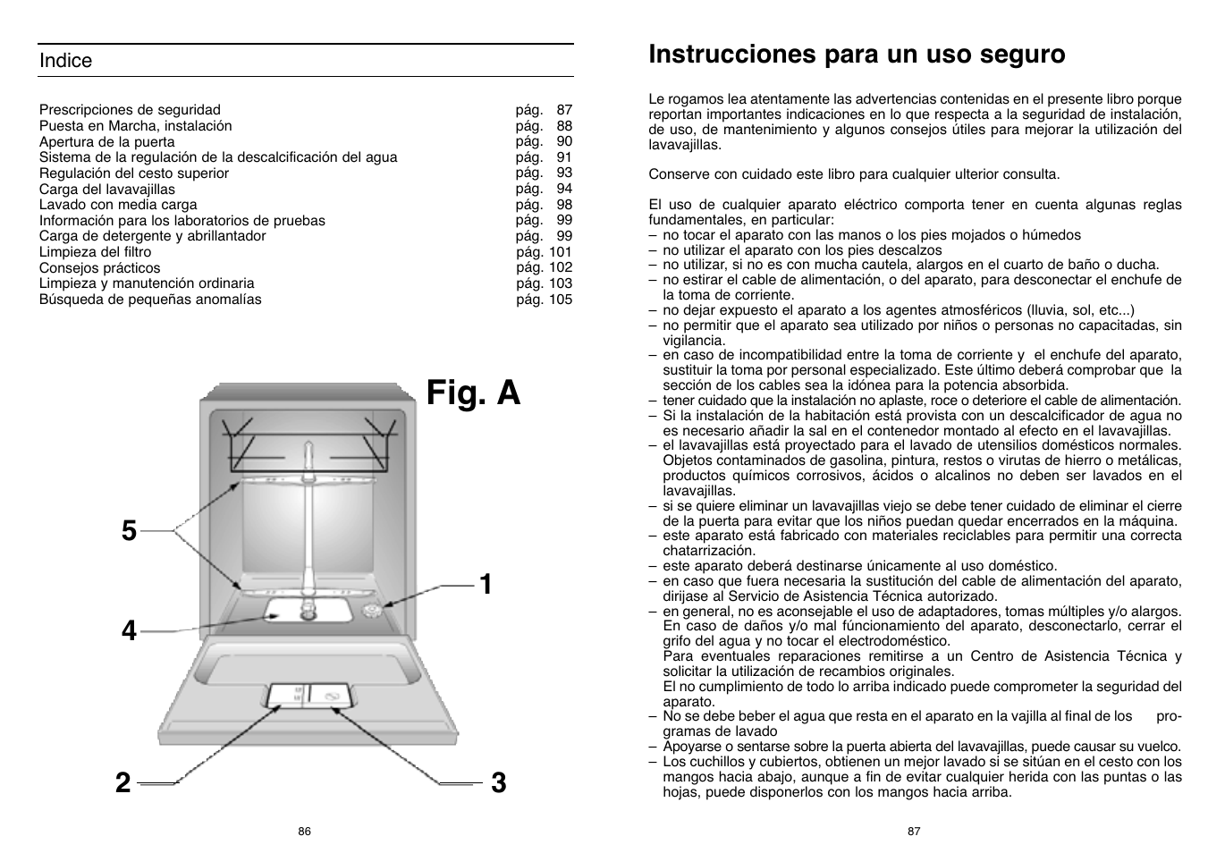 Fig. a, Instrucciones para un uso seguro | Candy DFI 95 T User Manual | Page 44 / 77