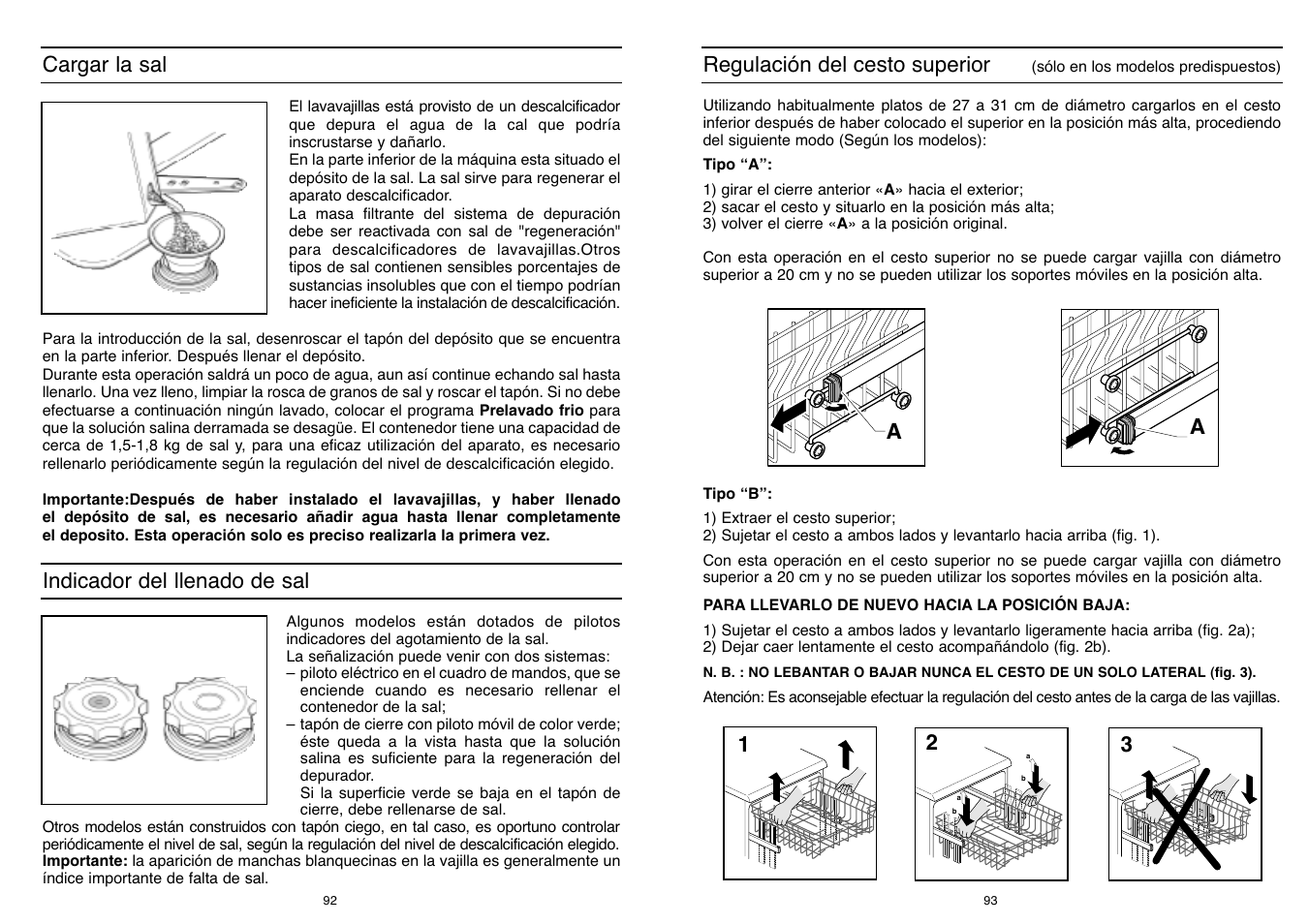 Cargar la sal, Indicador del llenado de sal, Regulación del cesto superior | Candy DFI 95 T User Manual | Page 47 / 77