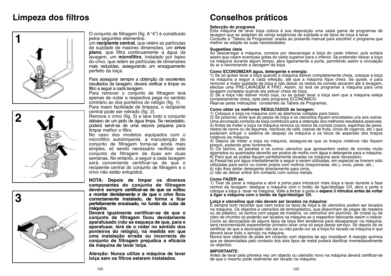 Conselhos práticos, Limpeza dos filtros | Candy DFI 95 T User Manual | Page 62 / 77