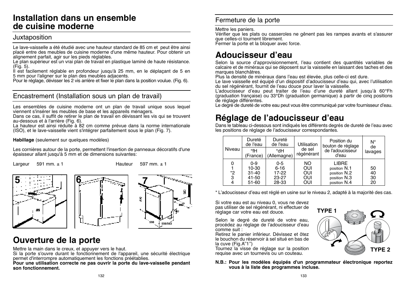 Réglage de l’adoucisseur d’eau, Installation dans un ensemble de cuisine moderne, Ouverture de la porte | Adoucisseur d’eau | Candy DFI 95 T User Manual | Page 67 / 77