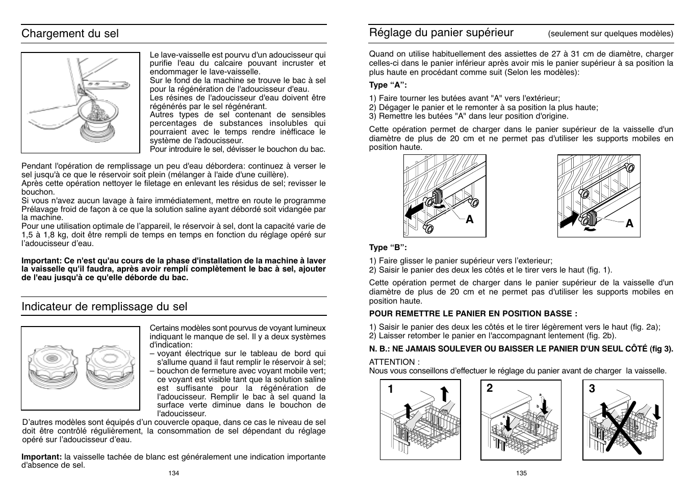 Chargement du sel, Indicateur de remplissage du sel, Réglage du panier supérieur | Candy DFI 95 T User Manual | Page 68 / 77