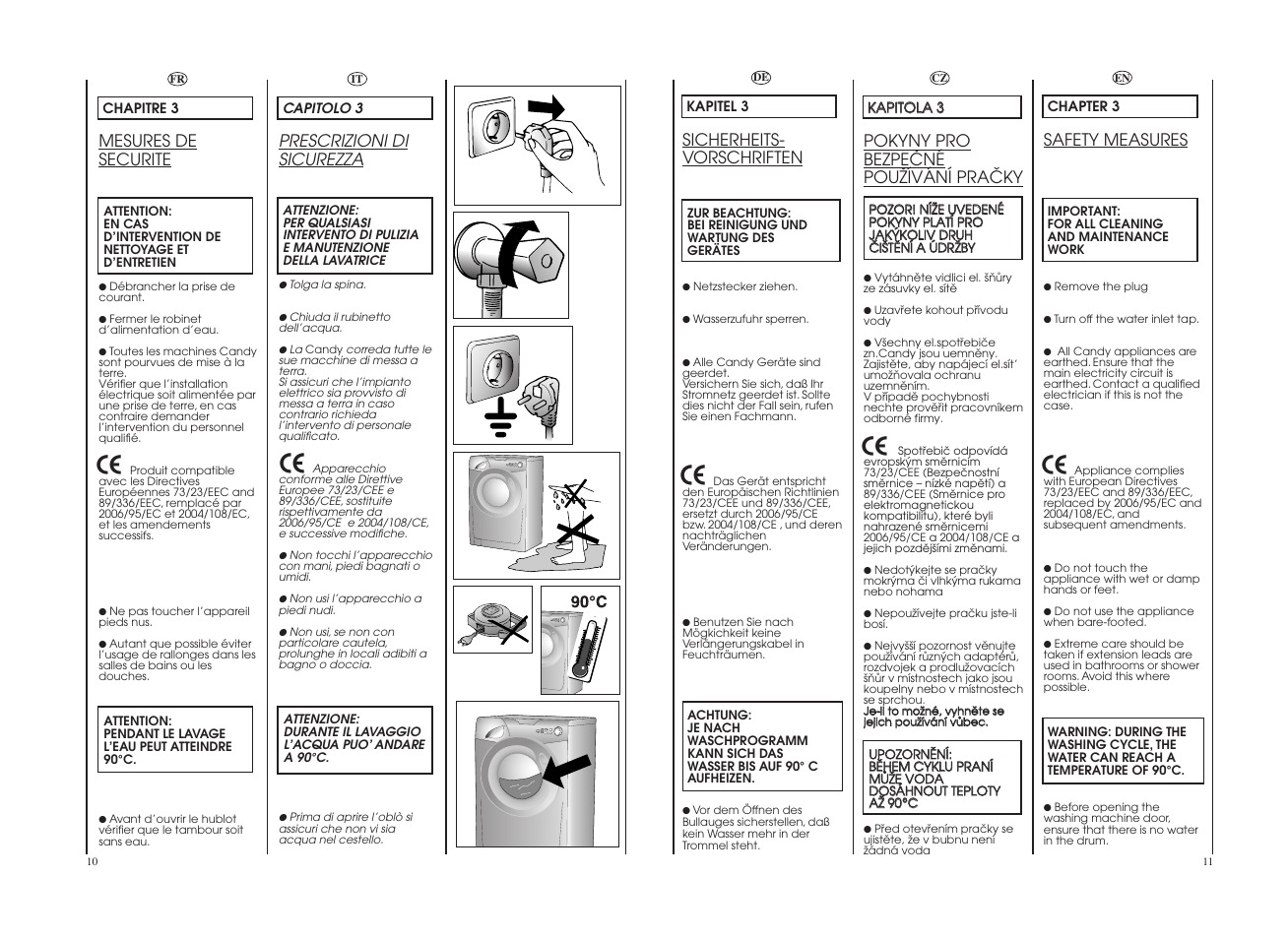 Prescrizioni di sicurezza, Mesures de securite, Sicherheits- vorschriften | Safety measures, Pokyny pro bezpeöné pouïívání praöky | Candy GO 127DF__1-18S User Manual | Page 6 / 41