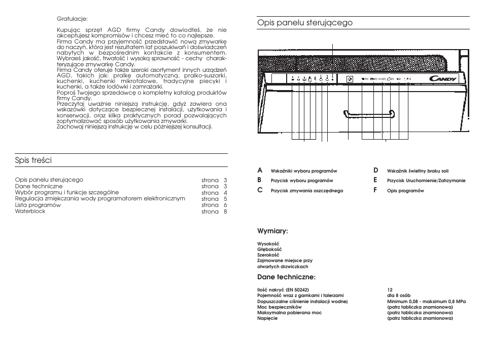 Spis treêci, Opis panelu sterujàcego | Candy DFI 85 S User Manual | Page 2 / 27