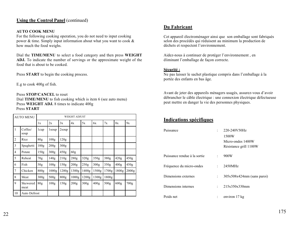 Indications spécifiques, Using the control panel (continued), Du fabricant | Candy FM MIC 232 EX User Manual | Page 22 / 98