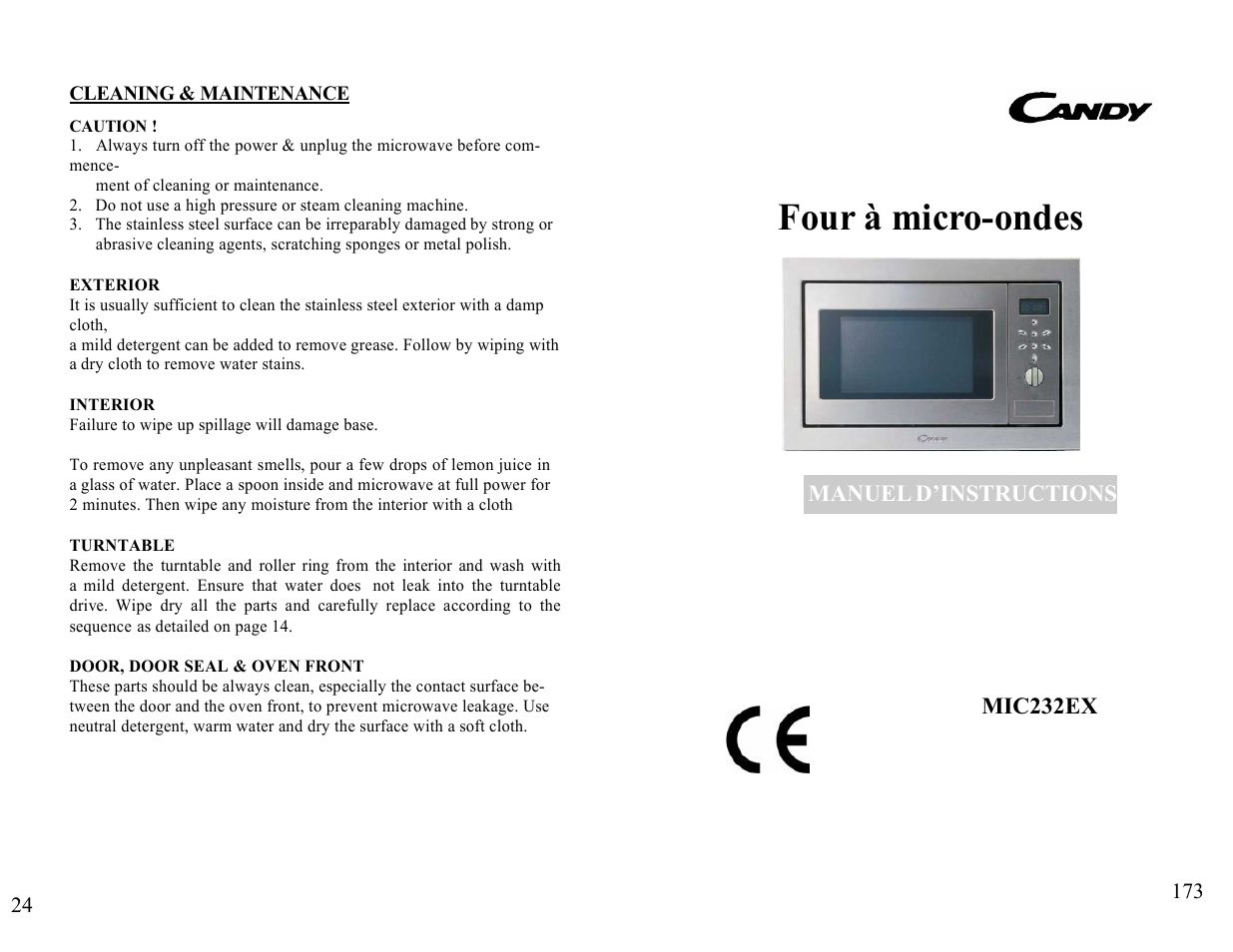 Four à micro-ondes | Candy FM MIC 232 EX User Manual | Page 24 / 98