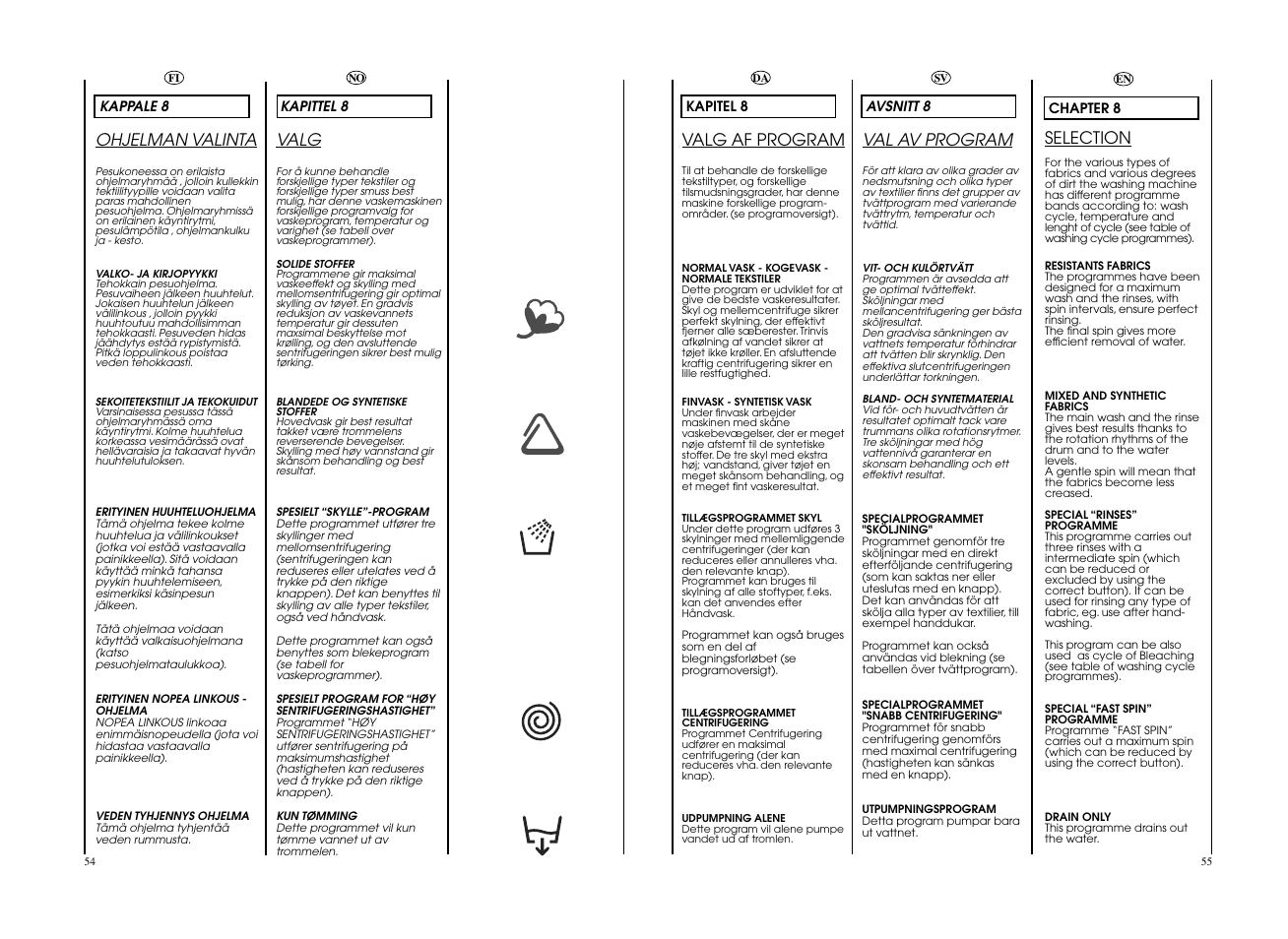 Selection, Val av program, Valg af program | Ohjelman valinta, Valg | Candy GO W475-S User Manual | Page 28 / 49