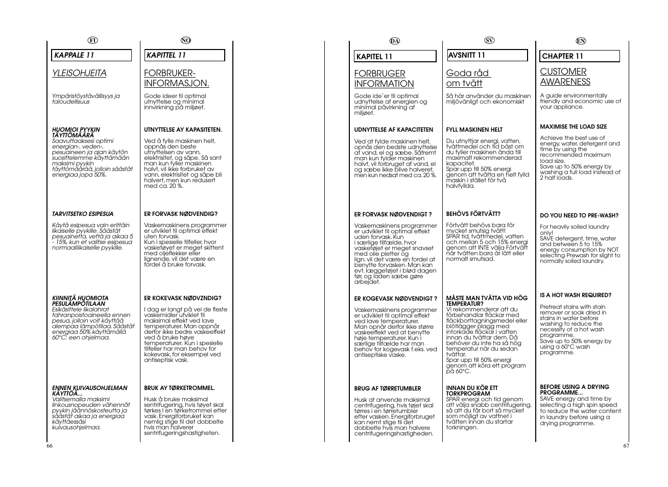 Customer awareness, Goda råd om tvätt, Forbruger information | Yleisohjeita, Forbruker- informasjon | Candy GO W475-S User Manual | Page 34 / 49