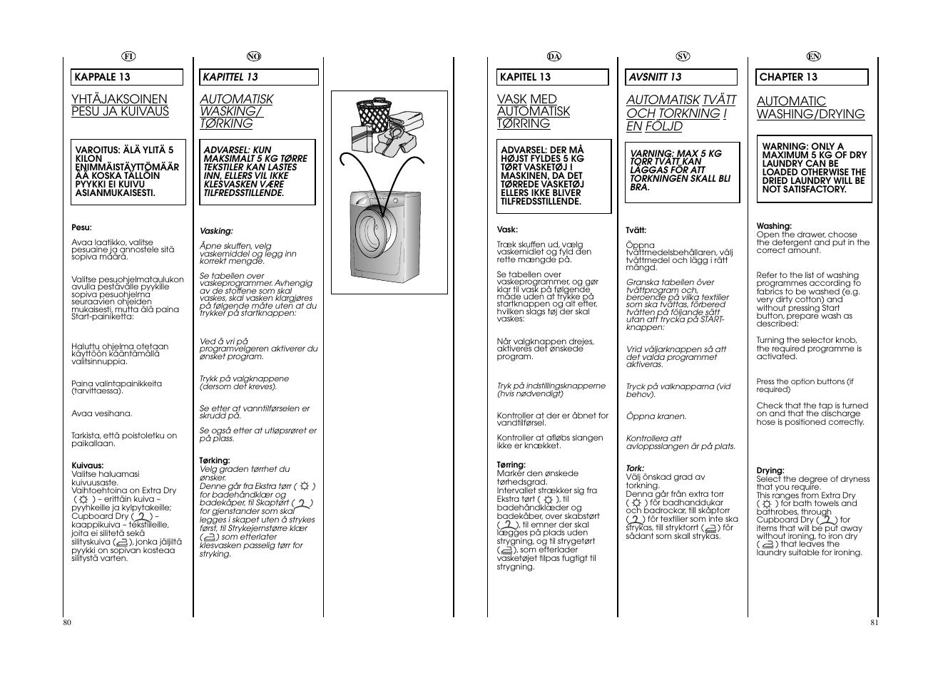 Automatisk wasking/ tørking, Yhtäjaksoinen pesu ja kuivaus, Vask med automatisk tørring | Automatisk tvätt och torkning i en följd, Automatic washing/drying | Candy GO W475-S User Manual | Page 41 / 49