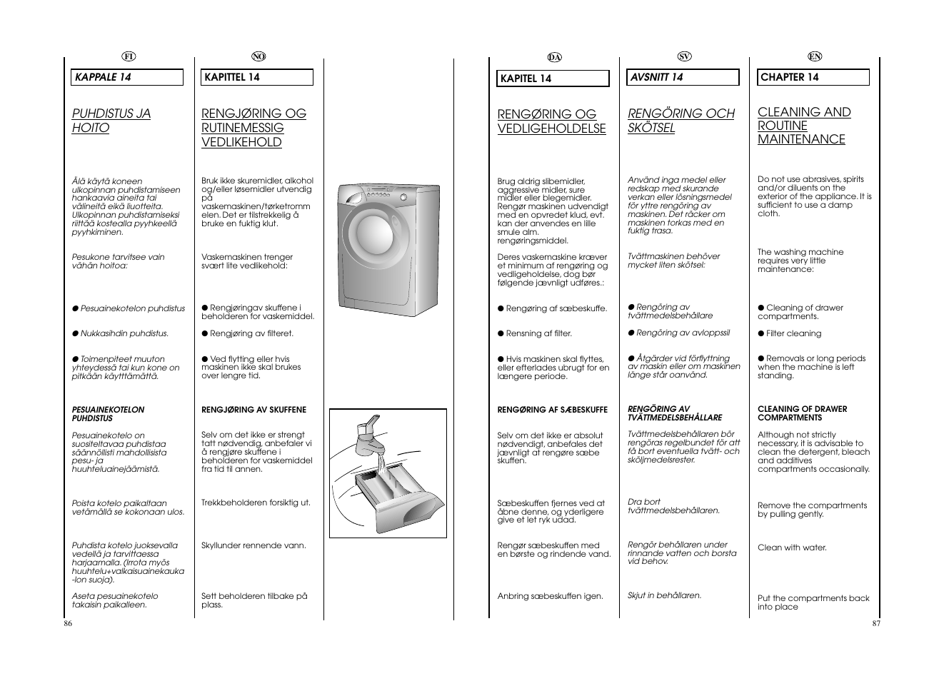 Cleaning and routine maintenance, Rengöring och skötsel, Rengøring og vedligeholdelse | Rengjøring og rutinemessig vedlikehold, Puhdistus ja hoito | Candy GO W475-S User Manual | Page 44 / 49