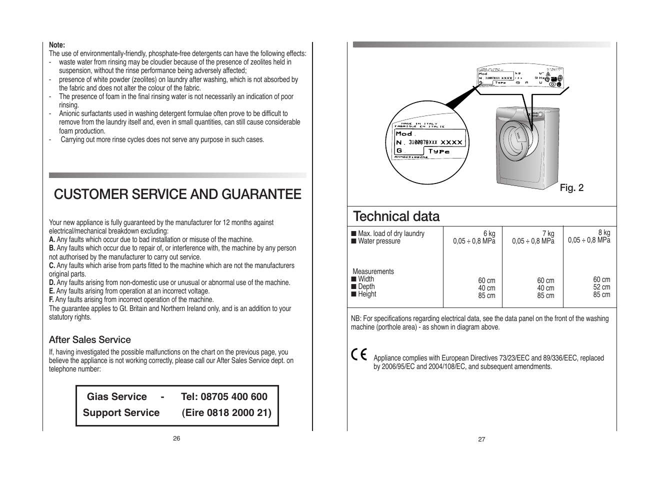 Technical data, Customer service and guarantee | Candy GO FS272-80 User Manual | Page 14 / 17