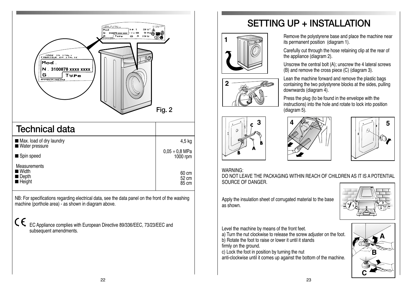 Setting up + installation, Technical data | Candy CN 105 T User Manual | Page 12 / 17