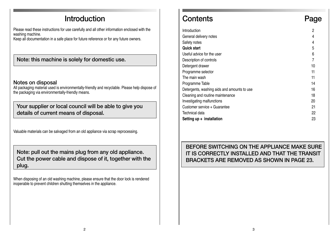 Contents page, Introduction | Candy CN 105 T User Manual | Page 2 / 17