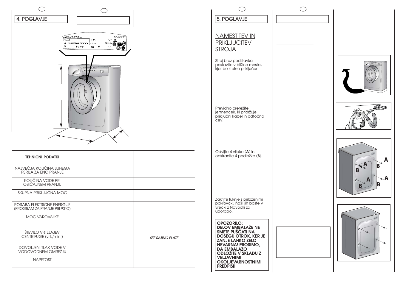 Setting up installation, Namestitev in prikljuâitev stroja | Candy GO 1460D-36S User Manual | Page 5 / 21