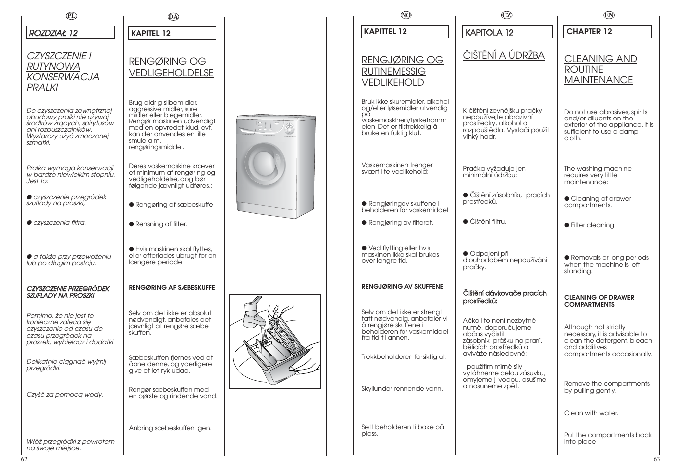 Cleaning and routine maintenance, Öiätëní a údrïba, Czyszczenie i rutynowa konserwacja pralki | Rengøring og vedligeholdelse, Rengjøring og rutinemessig vedlikehold | Candy CS1105-16S User Manual | Page 32 / 37