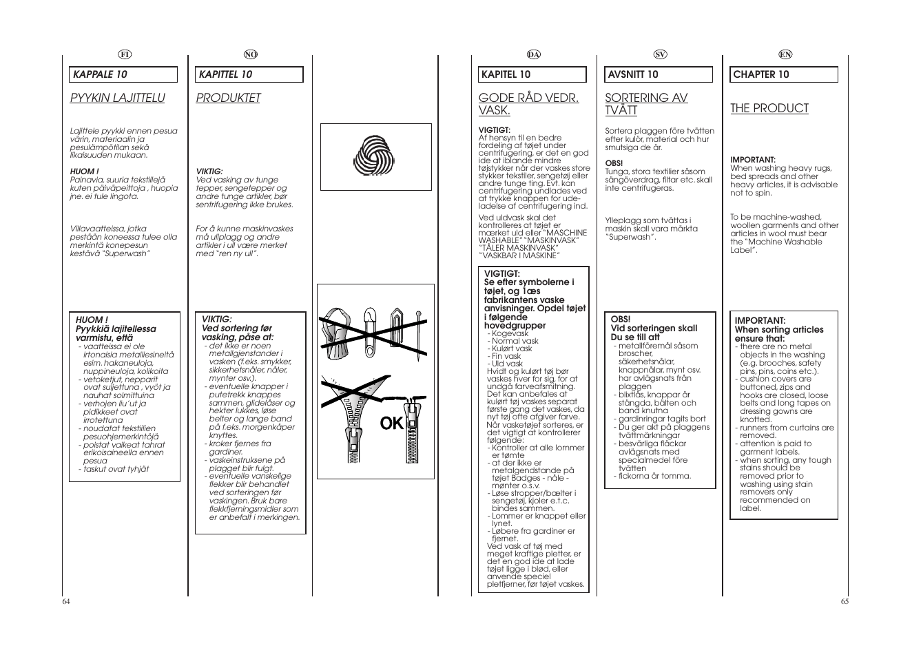 The product, Sortering av tvätt, Gode råd vedr. vask | Produktet, Pyykin lajittelu | Candy GO4 W264-07S User Manual | Page 33 / 49