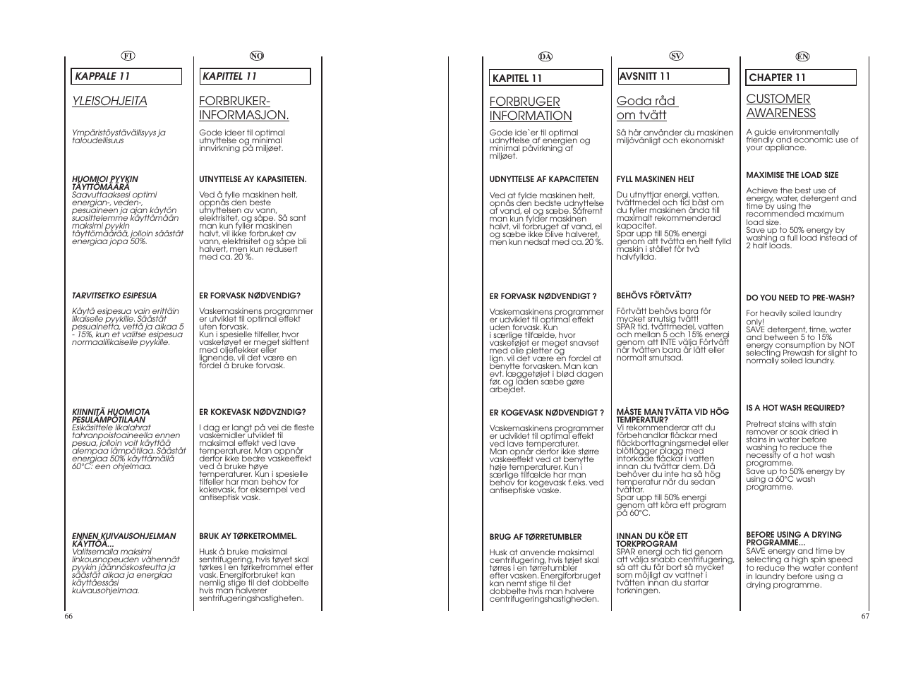 Customer awareness, Goda råd om tvätt, Forbruger information | Yleisohjeita, Forbruker- informasjon | Candy GO4 W264-07S User Manual | Page 34 / 49