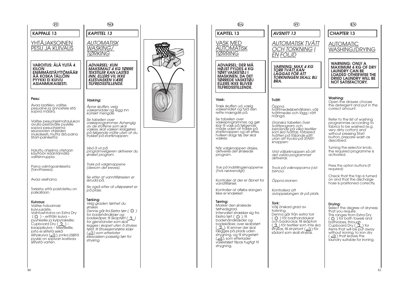 Automatisk wasking/ tørking, Yhtäjaksoinen pesu ja kuivaus, Vask med automatisk tørring | Automatisk tvätt och torkning i en följd, Automatic washing/drying | Candy GO4 W264-07S User Manual | Page 41 / 49
