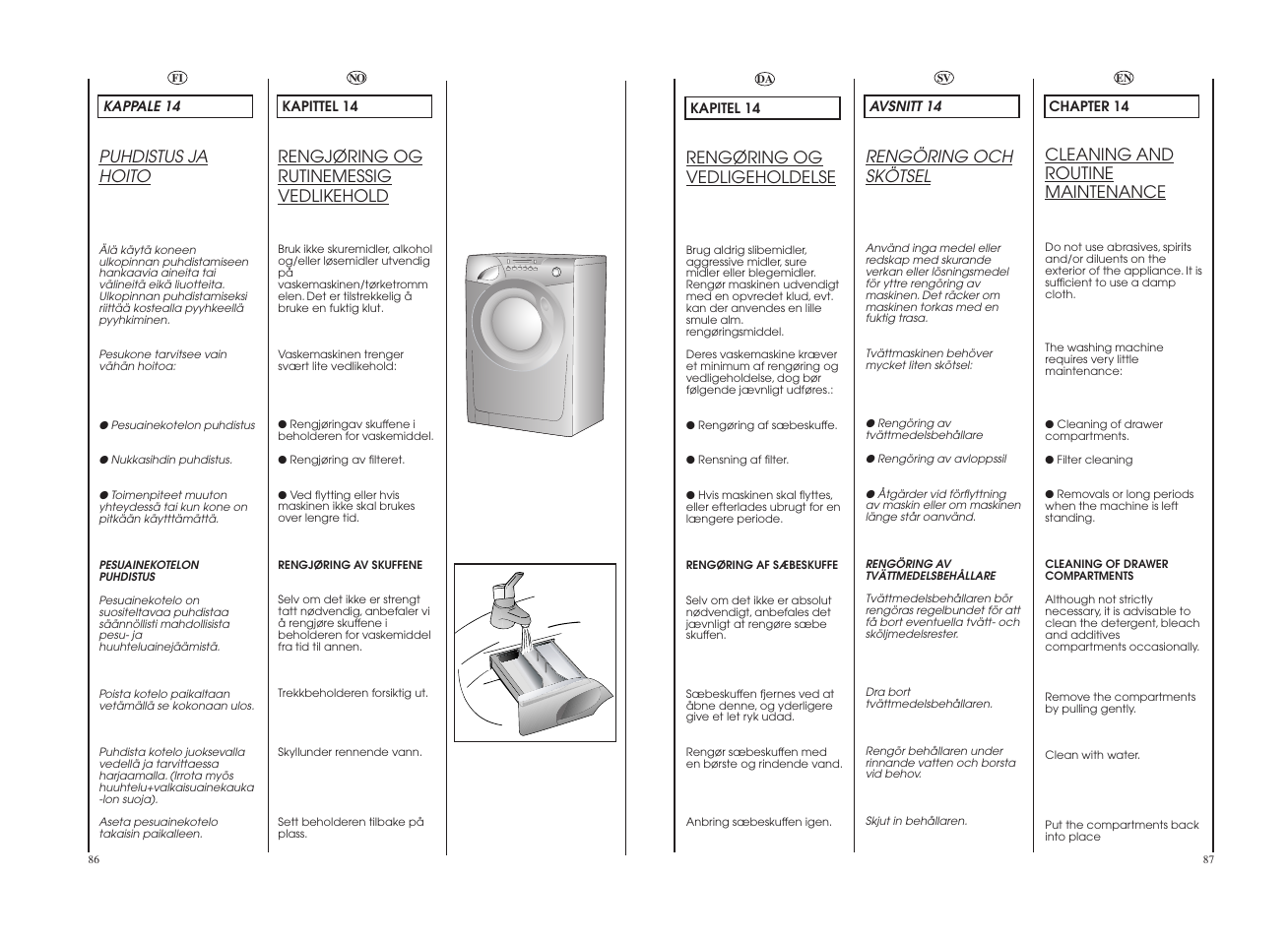 Cleaning and routine maintenance, Rengöring och skötsel, Rengøring og vedligeholdelse | Rengjøring og rutinemessig vedlikehold, Puhdistus ja hoito | Candy GO4 W264-07S User Manual | Page 44 / 49