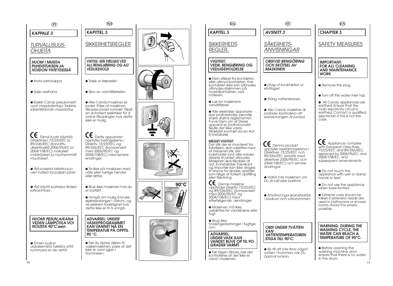 Safety measures, Säkerhets- anvisningar, Sikkerheds regler | Sikkerhetsregler, Turvallisuus- ohjeita | Candy GO4 W264-07S User Manual | Page 6 / 49