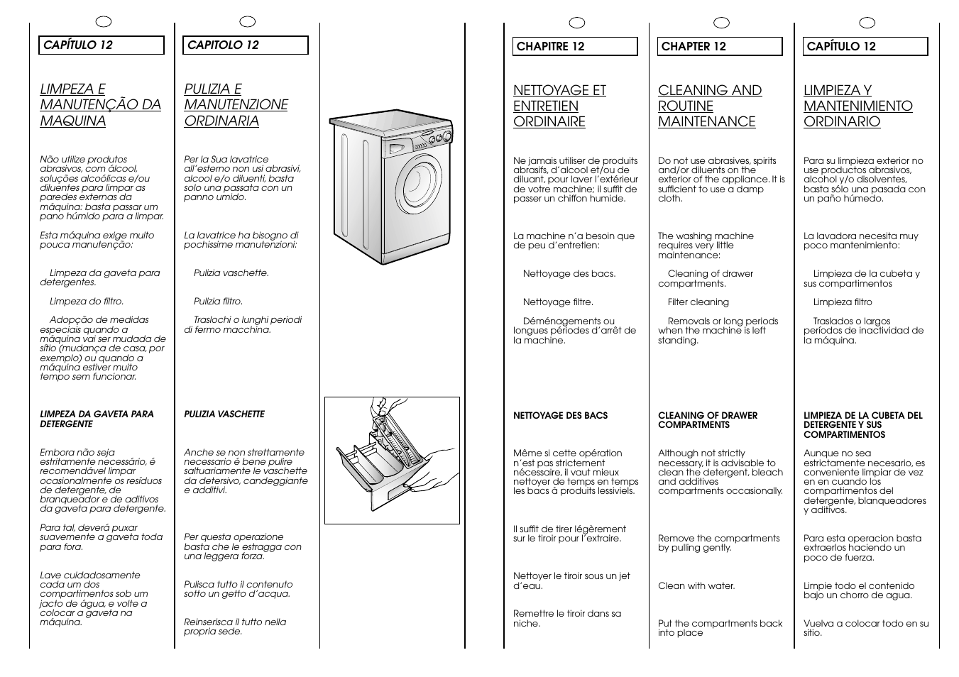 Pulizia e manutenzione ordinaria, Nettoyage et entretien ordinaire, Cleaning and routine maintenance | Limpieza y mantenimiento ordinario, Limpeza e manutenção da maquina | Candy CJ 534__D User Manual | Page 28 / 33