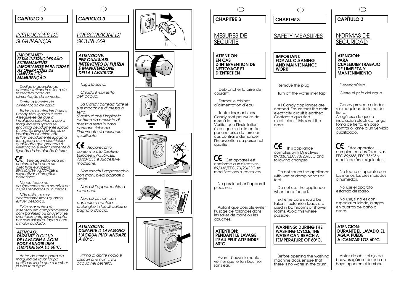 Prescrizioni di sicurezza, Mesures de securite, Normas de seguridad | Safety measures, Instruções de segurança, 60°c | Candy CJ 534__D User Manual | Page 6 / 33