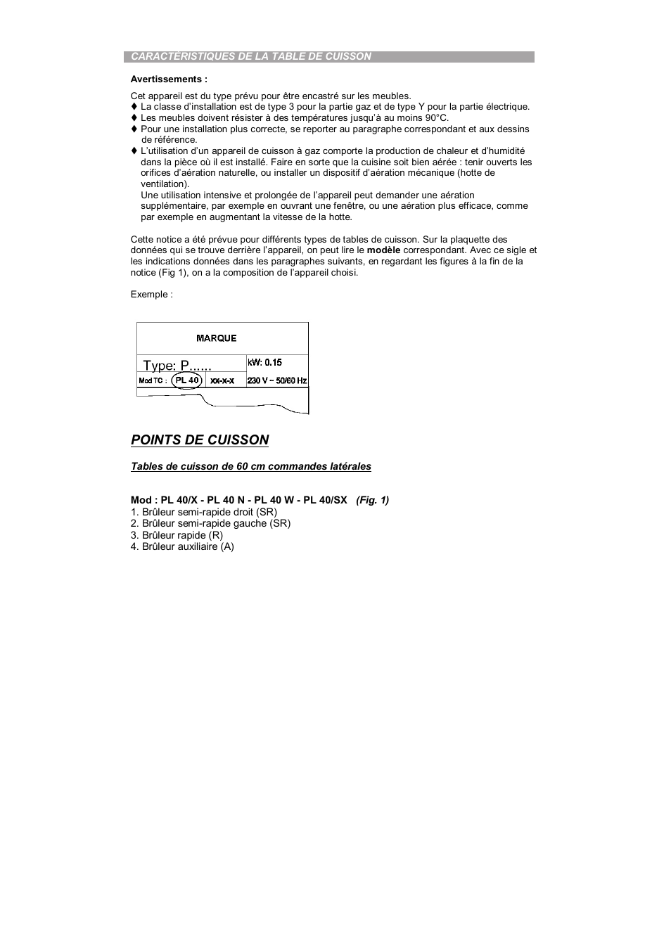 Points de cuisson | Candy PL 40 X User Manual | Page 18 / 102