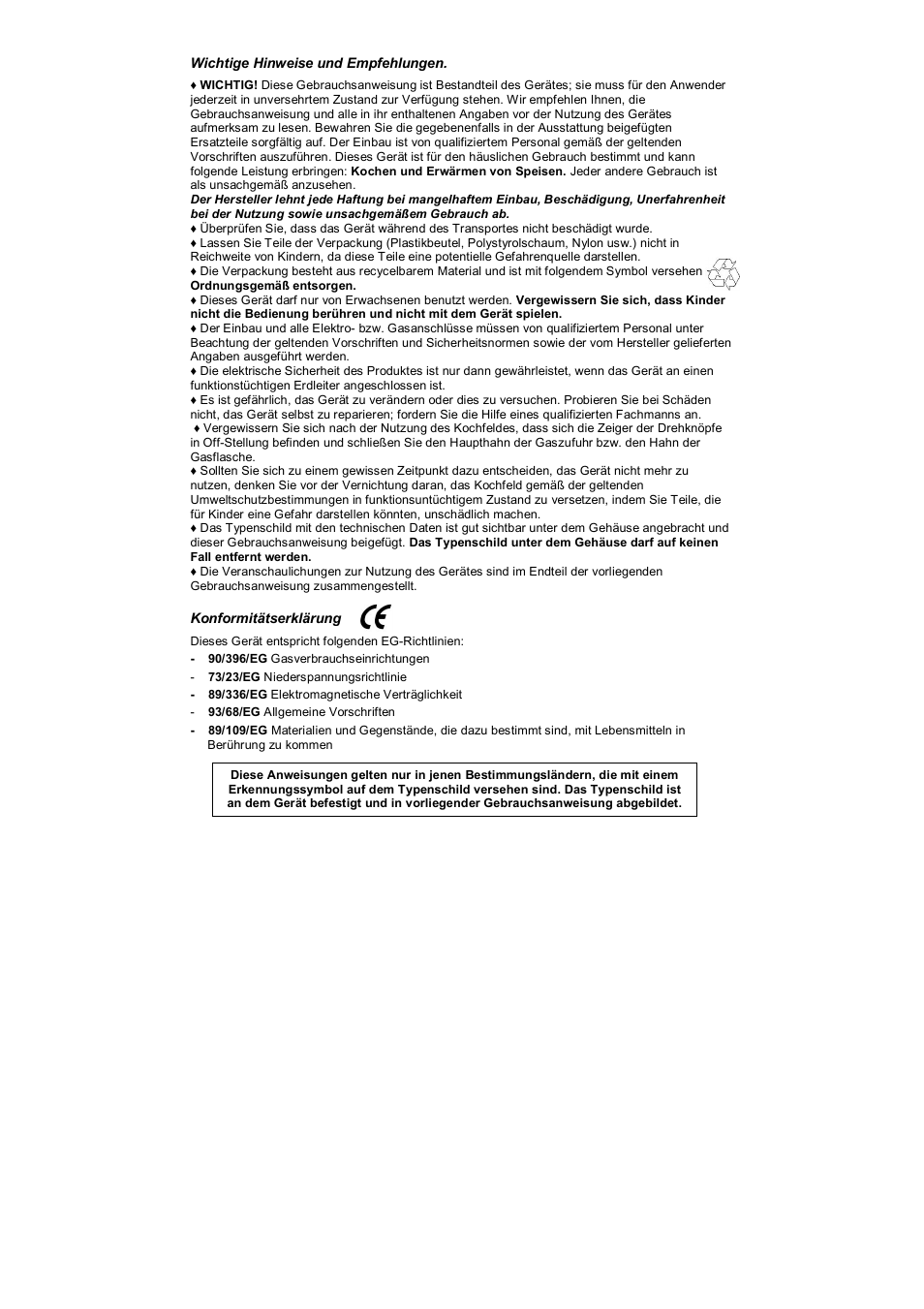 Wichtige hinweise und empfehlungen, Konformitätserklärung | Candy PL 40 X User Manual | Page 39 / 102