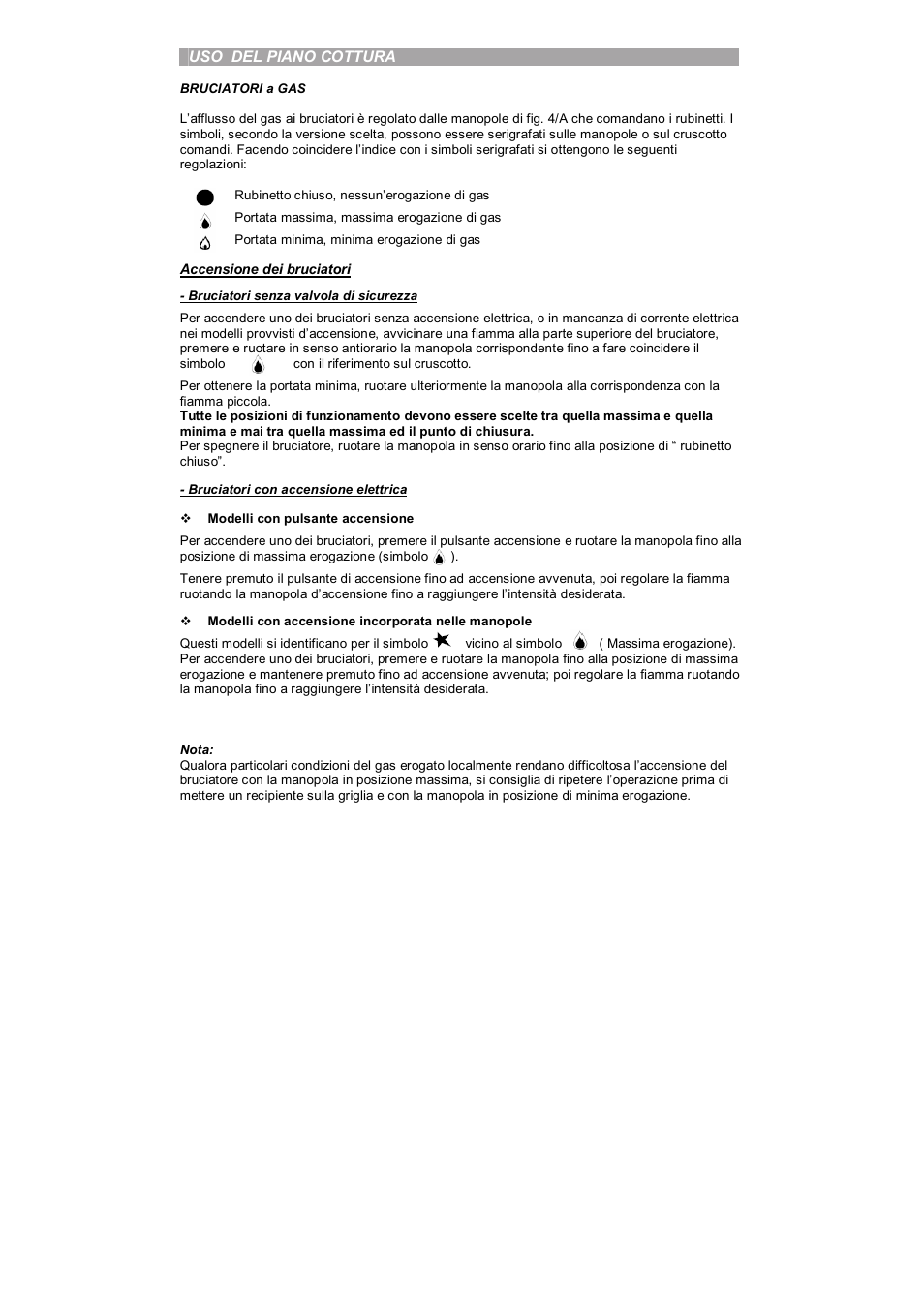 Uso del piano cottura, Accensione dei bruciatori | Candy PL 40 X User Manual | Page 7 / 102