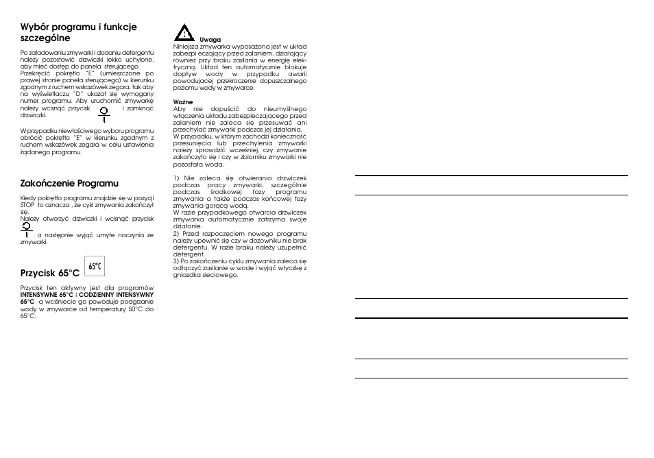 Garantie garantie legale indice, Wybór programu i funkcje szczególne, Zakoƒczenie programu | Przycisk 65°c | Candy DFI 50 User Manual | Page 4 / 21