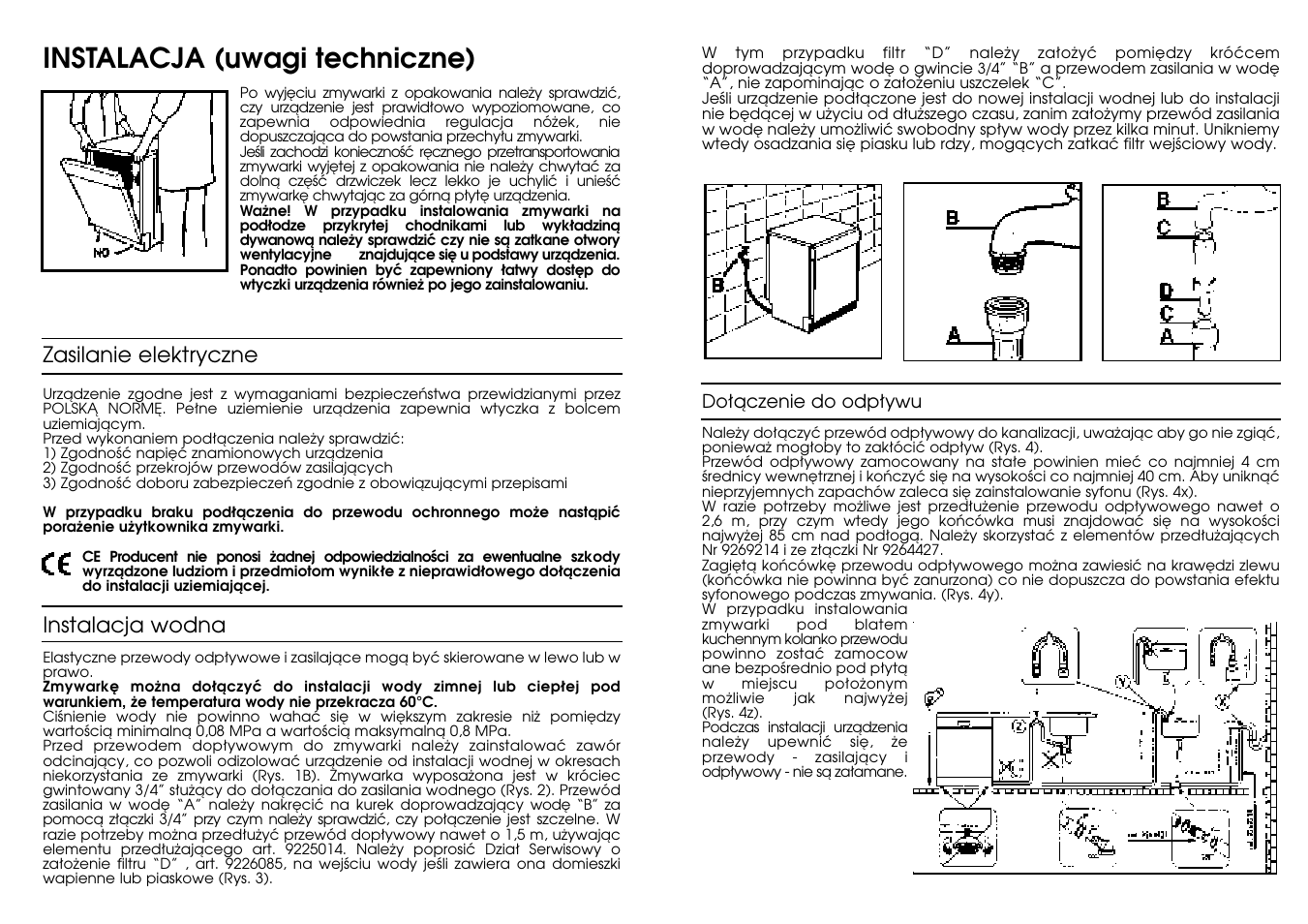 Instalacja (uwagi techniczne) | Candy CD 801 T User Manual | Page 3 / 65