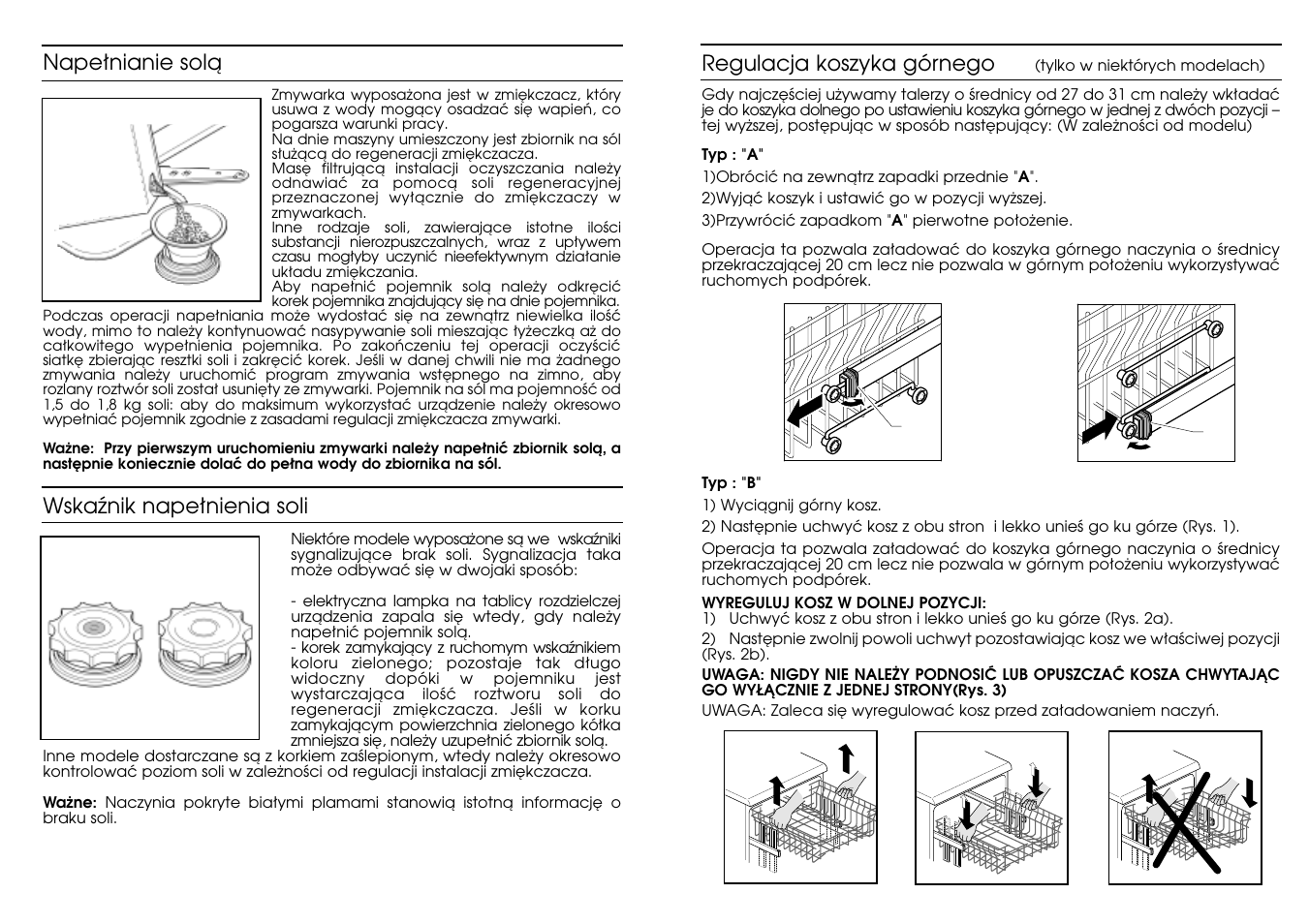 Regulacja koszyka górnego, Anape∏nianie solà, Wskaênik nape∏nienia soli | Candy CD 801 T User Manual | Page 5 / 65