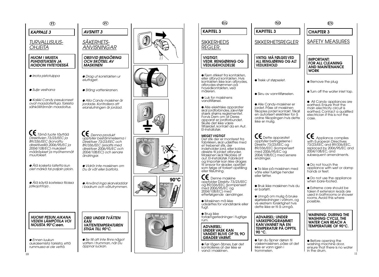 Sikkerheds regler, Sikkerhetsregler, Turvallisuus- ohjeita | Säkerhets- anvisningar, Safety measures | Candy EVO 1684LW-S User Manual | Page 6 / 45