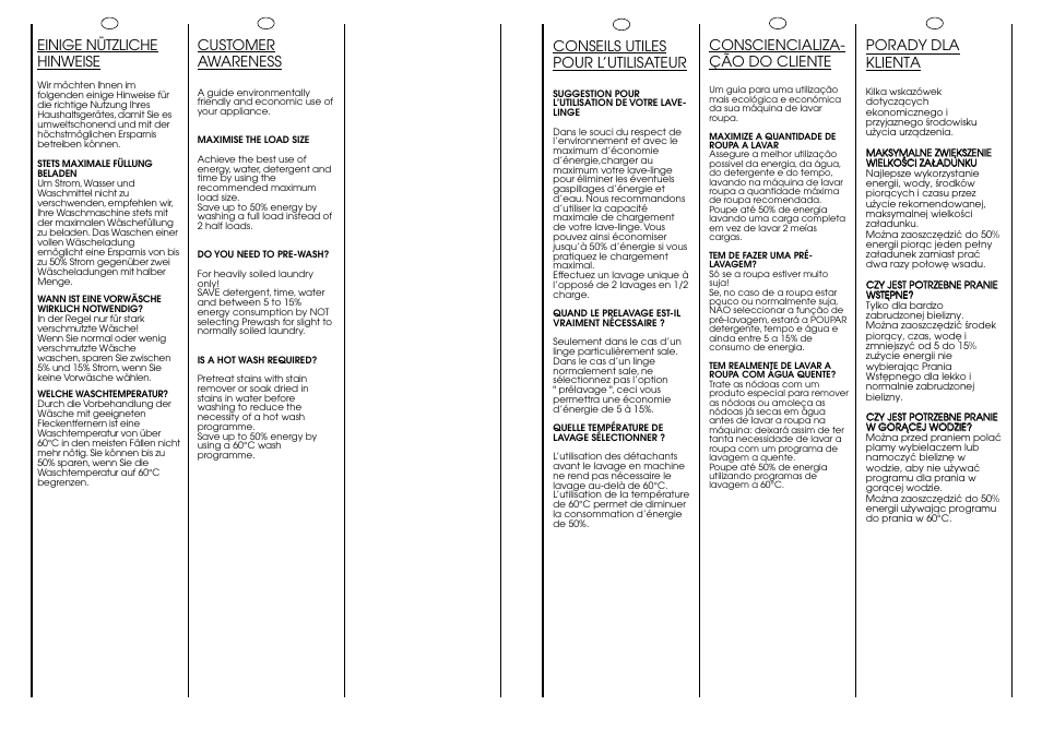 Consciencializa- ção do cliente, Conseils utiles pour l’utilisateur, Einige nützliche hinweise | Porady dla klienta, Customer awareness | Candy CJ 643 T User Manual | Page 18 / 33
