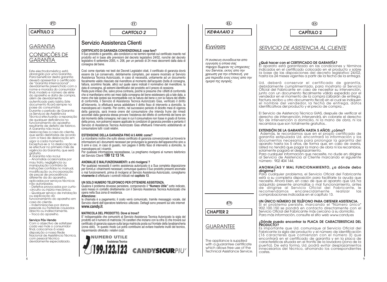 Servizio assistenza clienti, Guarantee, Garantia condições de garantia | Servicio de asistencia al cliente | Candy GO 12102D-04S User Manual | Page 5 / 41