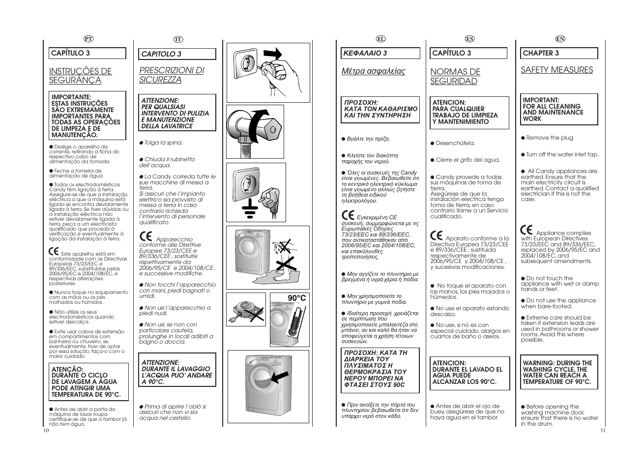 Prescrizioni di sicurezza, Safety measures, Instruções de segurança | Normas de seguridad | Candy GO 12102D-04S User Manual | Page 6 / 41