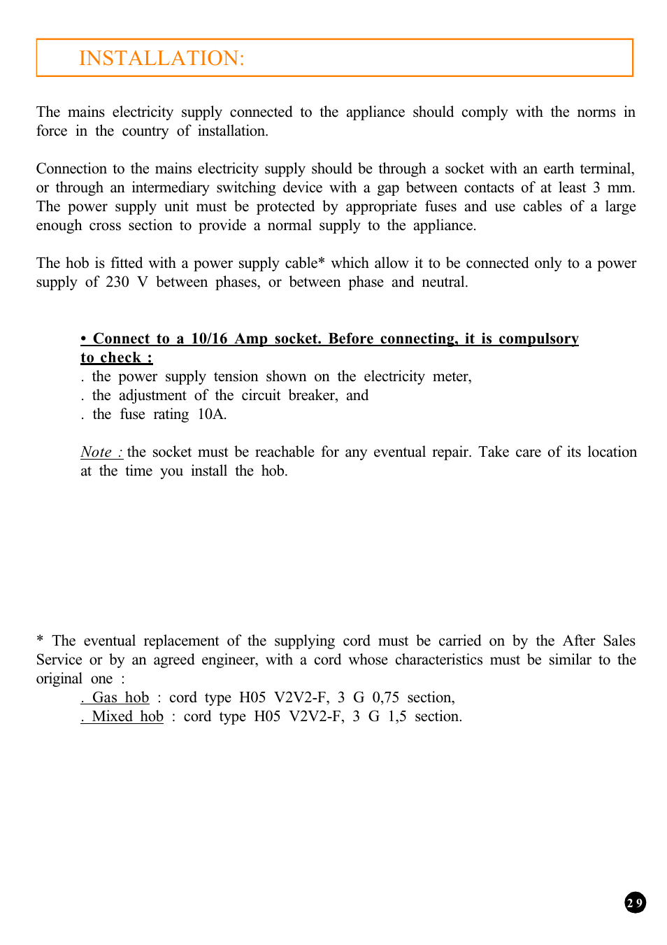 Installation: "electrical connection | Candy PSA 640__1 FGH User Manual | Page 10 / 18