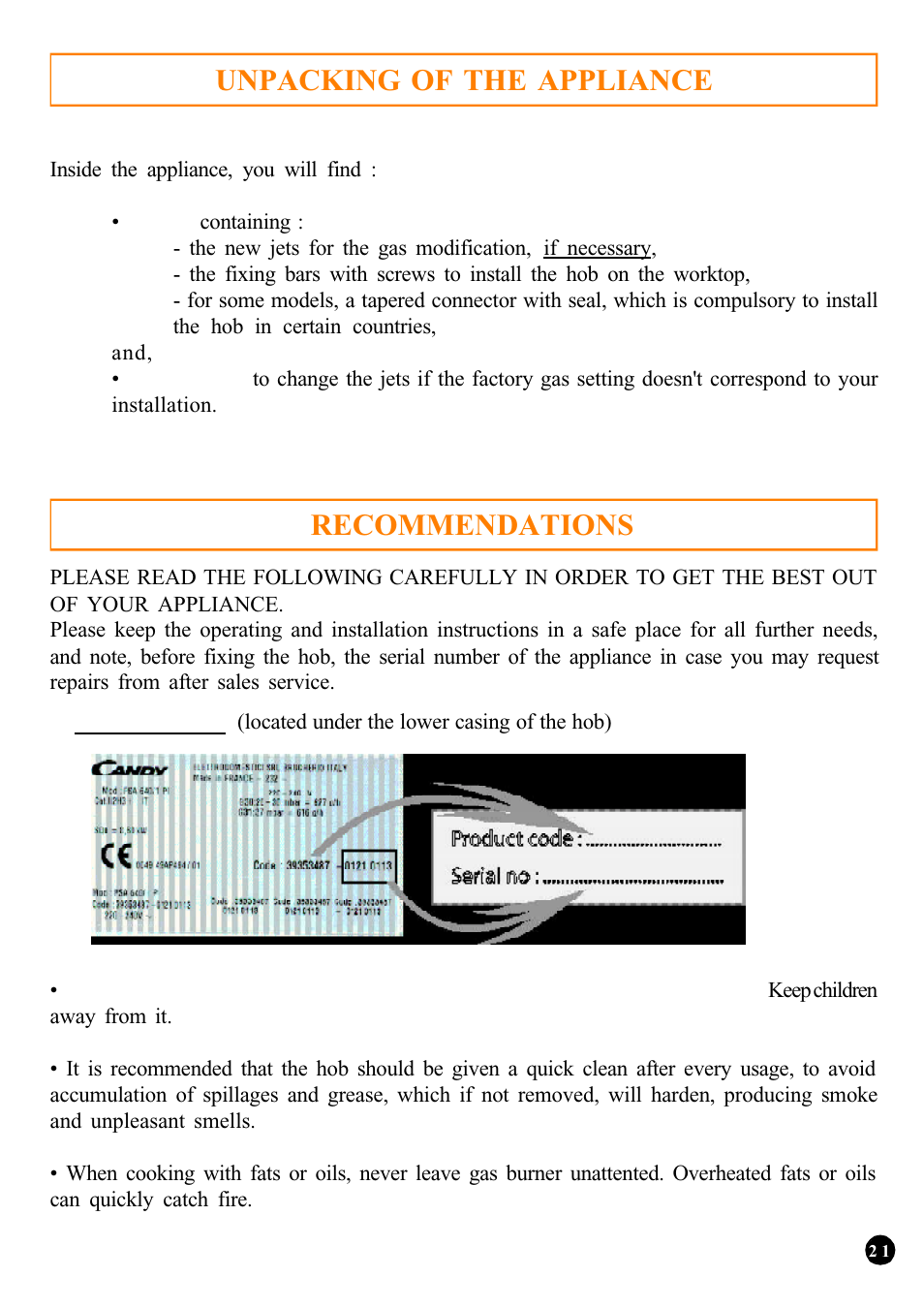 Unpacking of the appliance, Recommendations | Candy PSA 640__1 FGH User Manual | Page 2 / 18