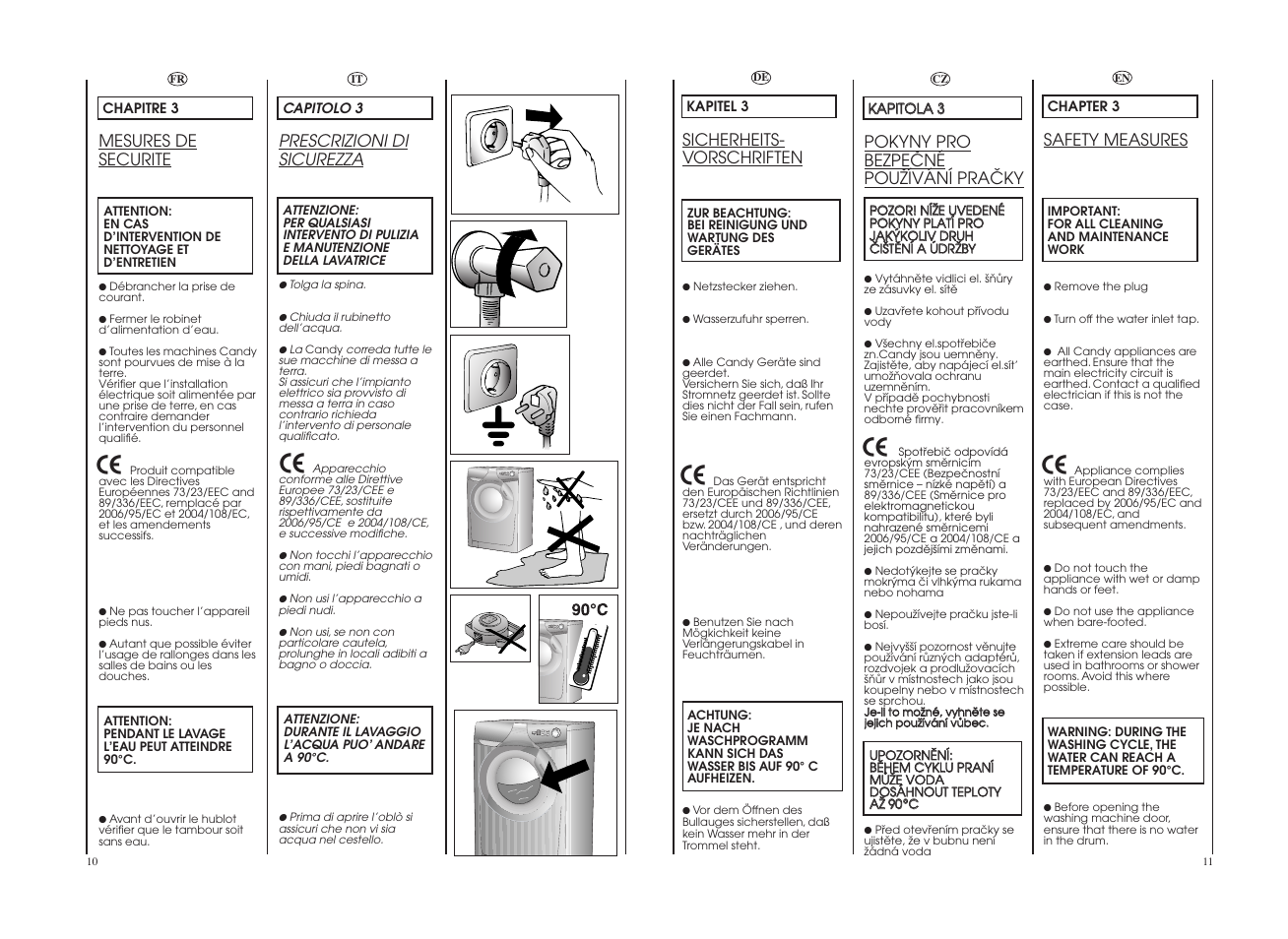 Prescrizioni di sicurezza, Mesures de securite, Sicherheits- vorschriften | Safety measures, Pokyny pro bezpeöné pouïívání praöky | Candy CO 127DF-16S User Manual | Page 6 / 41
