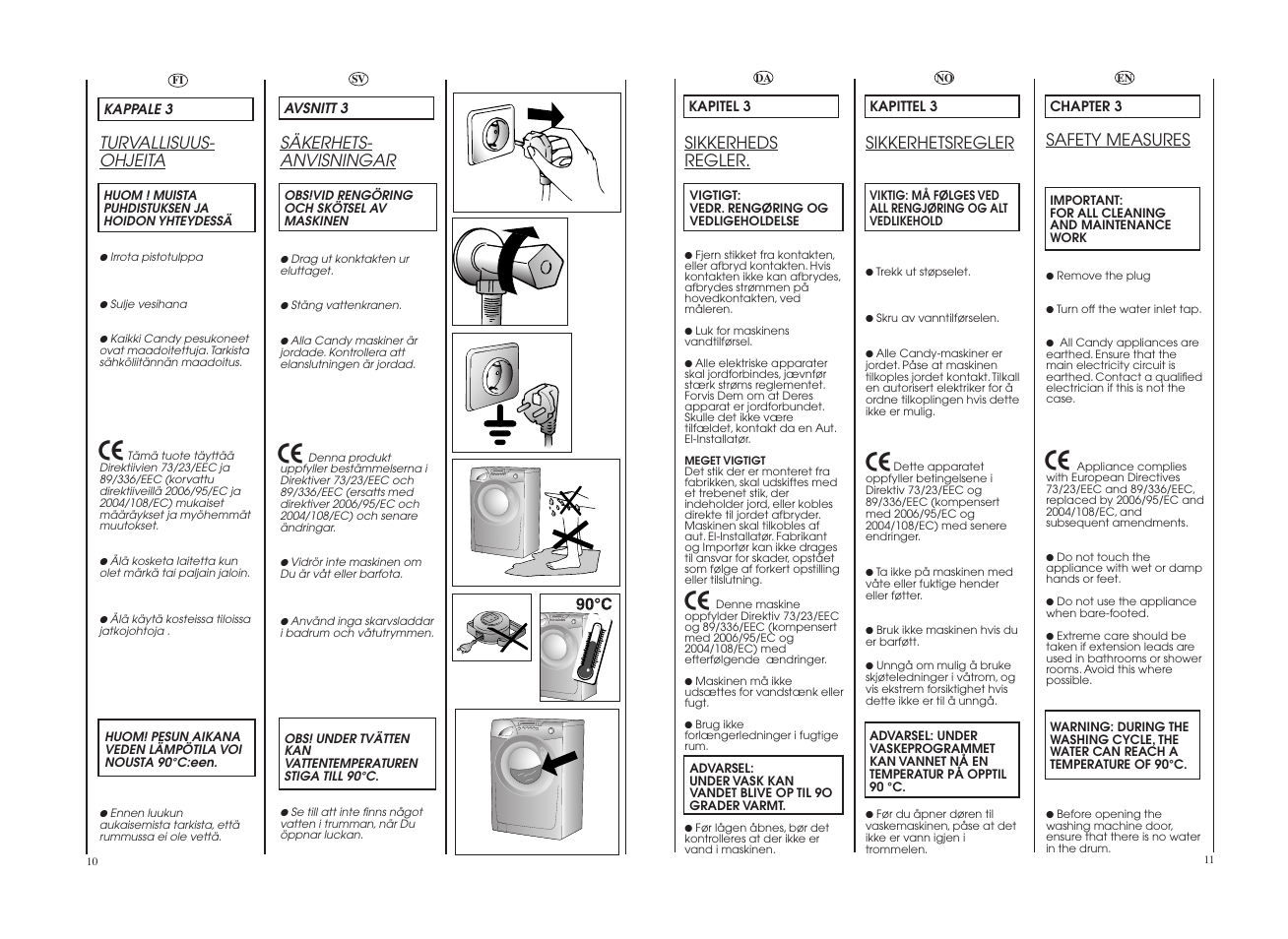 Sikkerheds regler, Sikkerhetsregler, Turvallisuus- ohjeita | Säkerhets- anvisningar, Safety measures | Candy GO 1682D-86S User Manual | Page 6 / 41